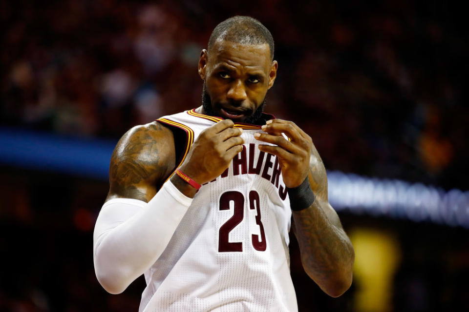 LeBron James reacts in the first half of Game 4 of the 2017 Eastern Conference finals. (Gregory Shamus/Getty Images)