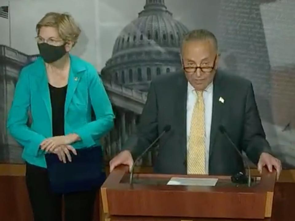 Senators Chuck Schumer and Elizabeth Warren, and Representative Ayanna Pressley called on Joe Biden to extend the pause on student debt payments (CSPAN)