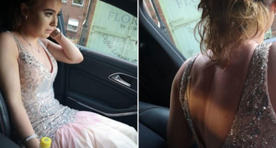 Emilee Perry is pictured in her stained formal dress after the bully threw juice over her. 