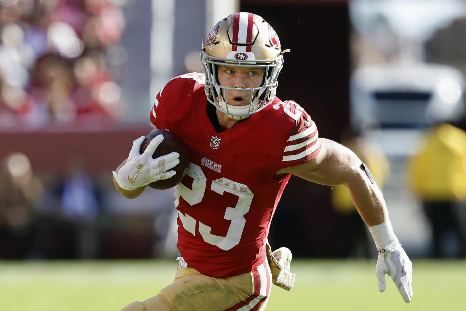 FILE - San Francisco 49ers running back Christian McCaffrey (23) runs against the Tampa Bay Buccaneers during the first half of an NFL football game in Santa Clara, Calif., Sunday, Nov. 19, 2023. Christian McCaffrey is a finalist for The Associated Press 2023 NFL Most Valuable Player and Offensive Player of the Year awards. The winners will be announced at NFL Honors on Feb. 8. (AP Photo/Josie Lepe, File)