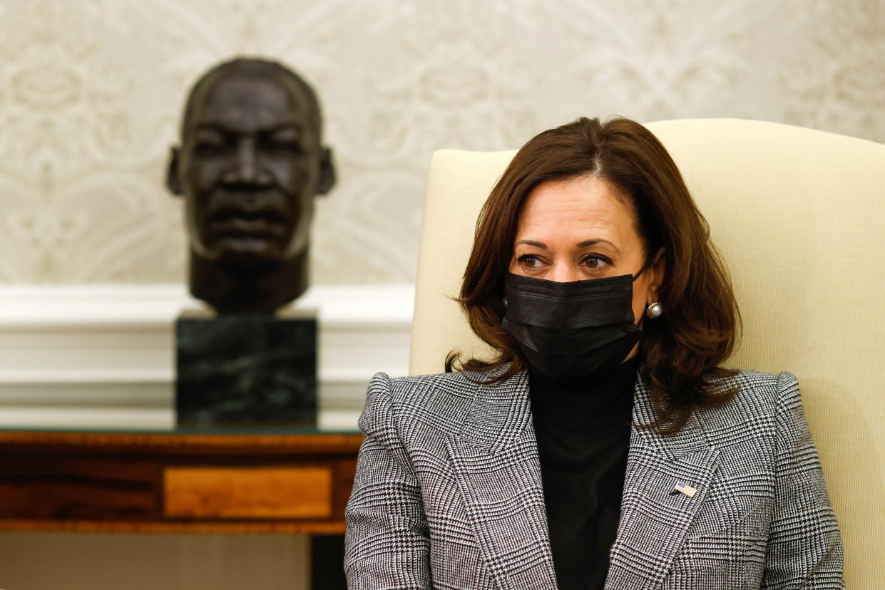 U.S. Vice President Kamala Harris and U.S. President Joe Biden (not pictured) attend a meeting with bipartisan Senators on infrastructure investment at the Oval Office of the White House in Washington, U.S., February 11, 2021. (Carlos Barria/Reuters)