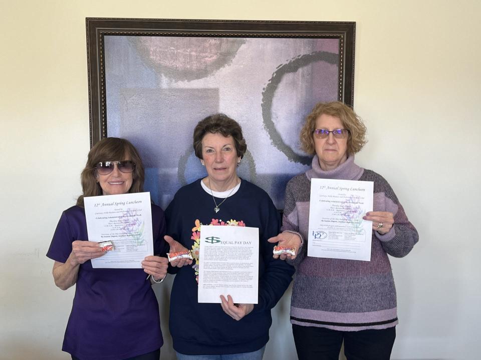 Guernsey-Noble Business Professional Women, from left, Betty Duche, Sherry Wilkins and Bonny Mitchell recognize Equal Pay Day during Women's History Month.