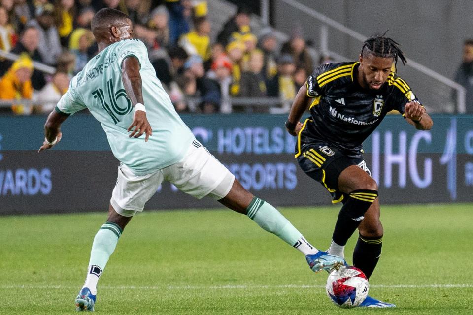 Nov 12, 2023; Columbus, Ohio, USA; Columbus Crew defender Steven Moreira (31) runs the ball down the field past Atlanta United forward Xande Silva (16) during game three of their series on Sunday, Nov. 12, 2023 at Lower.com Field.