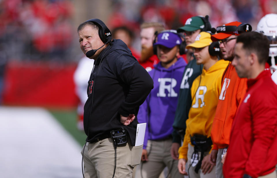 Rutgers head coach Greg Schiano looks at a scoreboard during the first half of a NCAA college football game against Ohio State, Saturday, Nov. 4, 2023, in Piscataway, N.J. (AP Photo/Noah K. Murray)