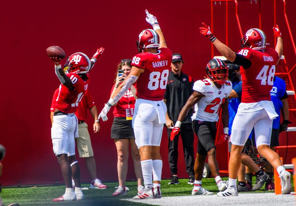 Indiana's Andison Coby (10) celebrates his touchdown during the Indiana versus Western Kentucky football game at Memorial Stadium on Sept. 17, 2022.