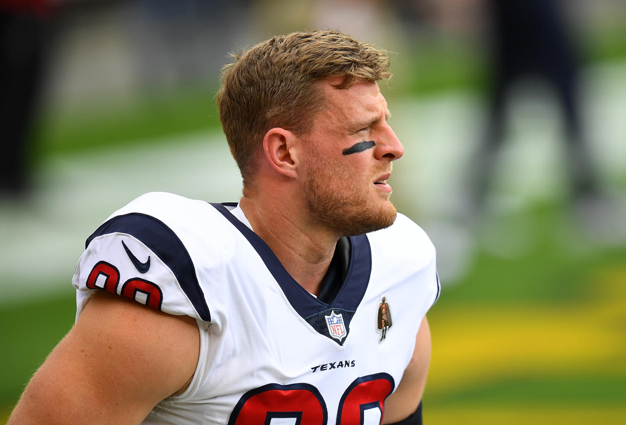 PITTSBURGH, PA - SEPTEMBER 27:  J.J. Watt #99 of the Houston Texans warms up prior to the game against the Pittsburgh Steelers at Heinz Field on September 27, 2020 in Pittsburgh, Pennsylvania. (Photo by Joe Sargent/Getty Images)