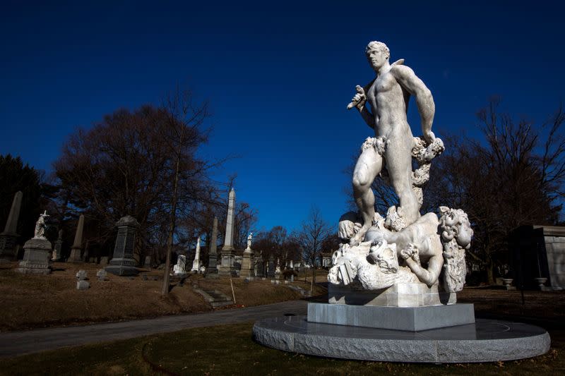 FILE PHOTO: Frederick MacMonnies' statue 'The Triumph of Civic Virtue ' is seen in Green-Wood Cemetery in the Brooklyn borough of New York