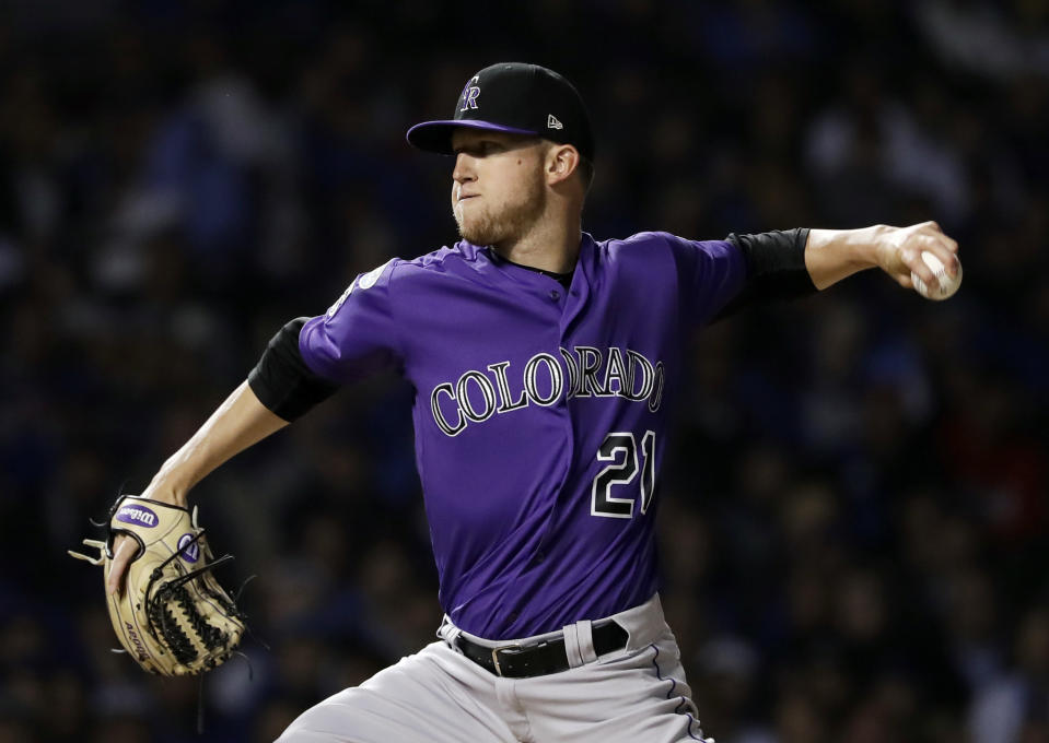 Colorado Rockies starting pitcher Kyle Freeland throws against the Chicago Cubs during the first inning of the National League wild-card playoff baseball game Tuesday, Oct. 2, 2018, in Chicago. (AP Photo/Nam Y. Huh)