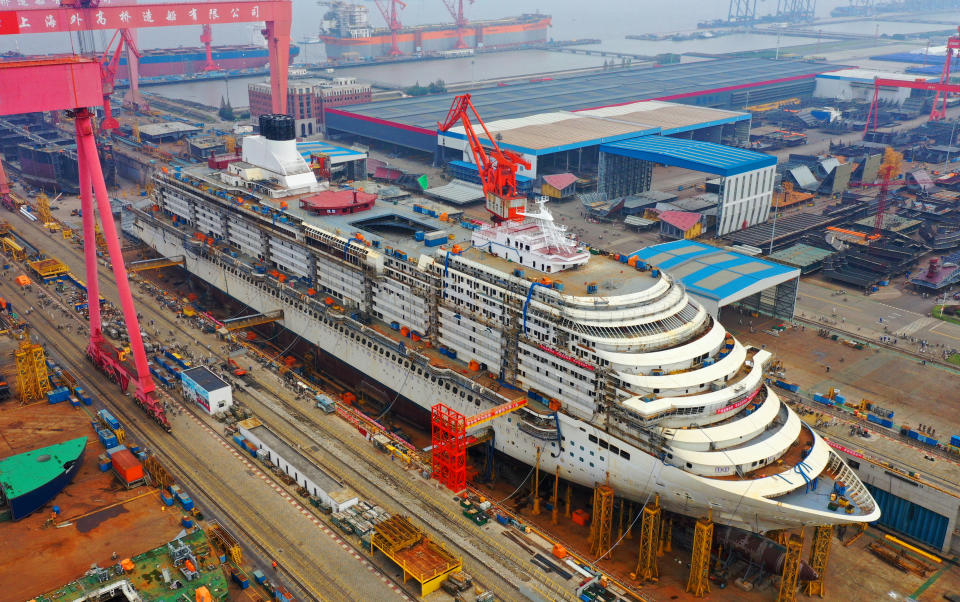 SHANGHAI, CHINA - OCTOBER 22: The first built-in-China large cruise ship (H1508), a Vista-class ship owned by CSSC Carnival Cruise Shipping Co., Ltd, is under construction at a shipyard of Shanghai Waigaoqiao Shipbuilding Co Ltd, a subsidiary of China State Shipbuilding Corporation Limited (CSSC), on October 22, 2021 in Shanghai, China. (Photo by VCG/VCG via Getty Images)