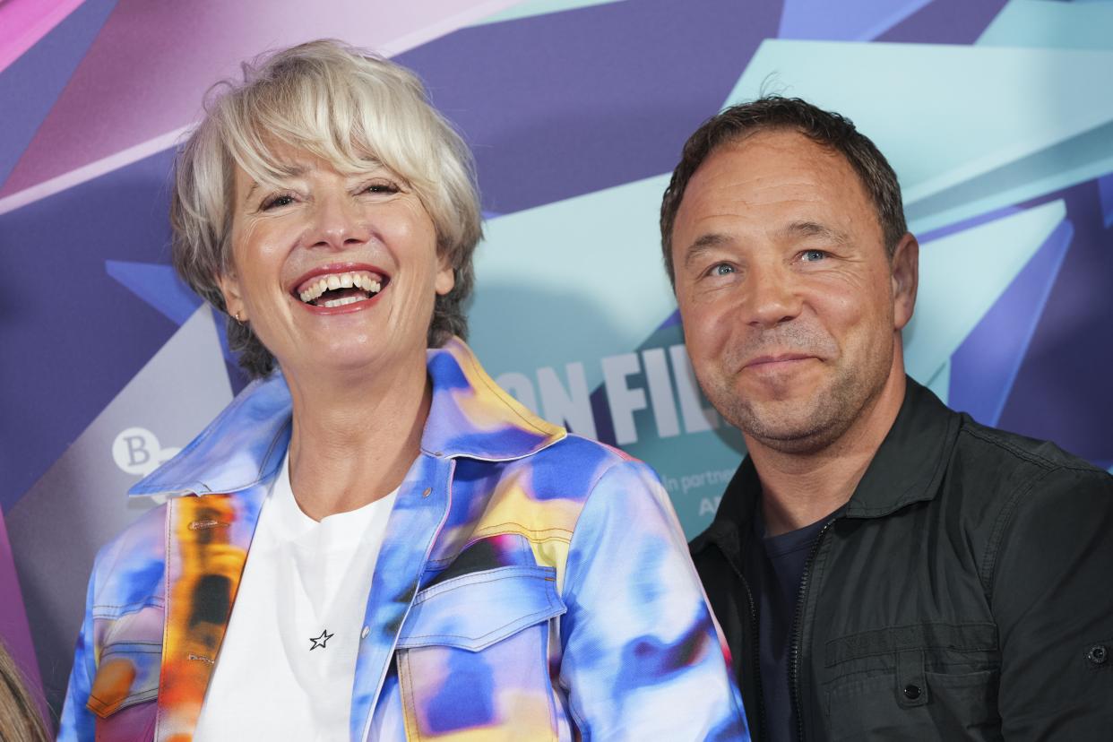 Emma Thompson, left and Stephen Graham pose for photographers at the photo call for the film 'Roald Dahl's Matilda The Musical' during the 2022 BFI London Film Festival in London, Wednesday, Oct. 5, 2022. (Photo by Scott Garfitt/Invision/AP)