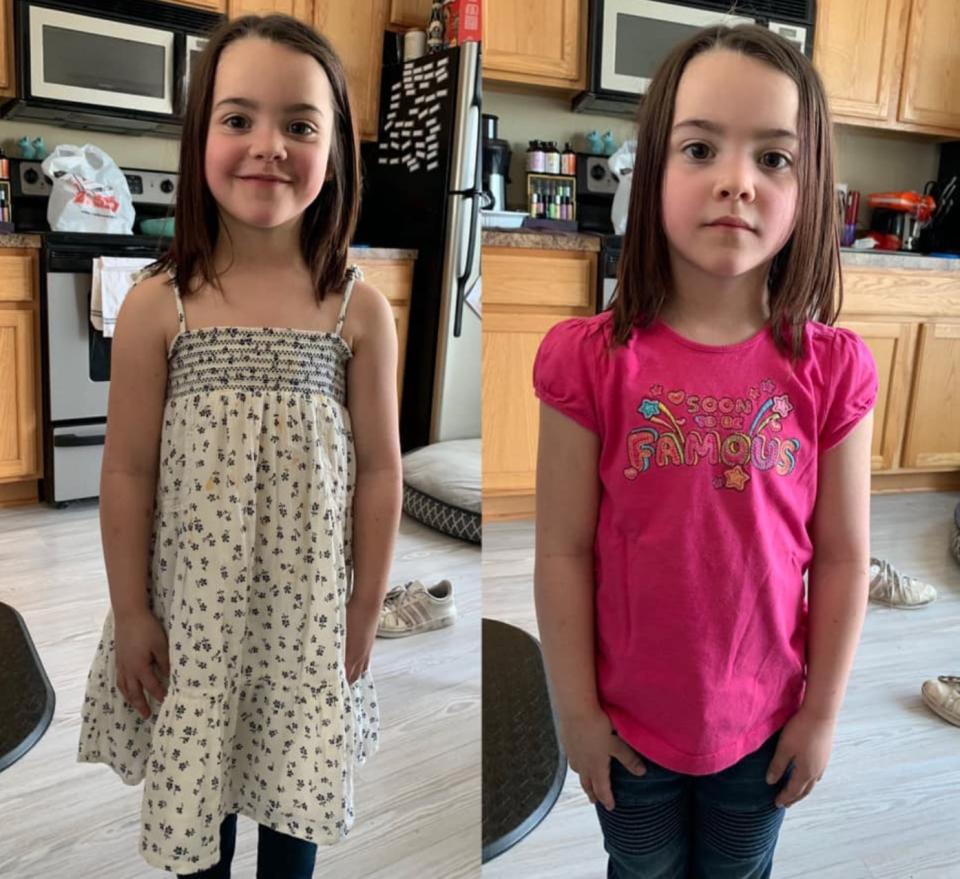 Five-year-old Harmony was told she needed to put on a T-shirt when she arrived at school with this sundress on. Photo: Facebook/Emily Stewart