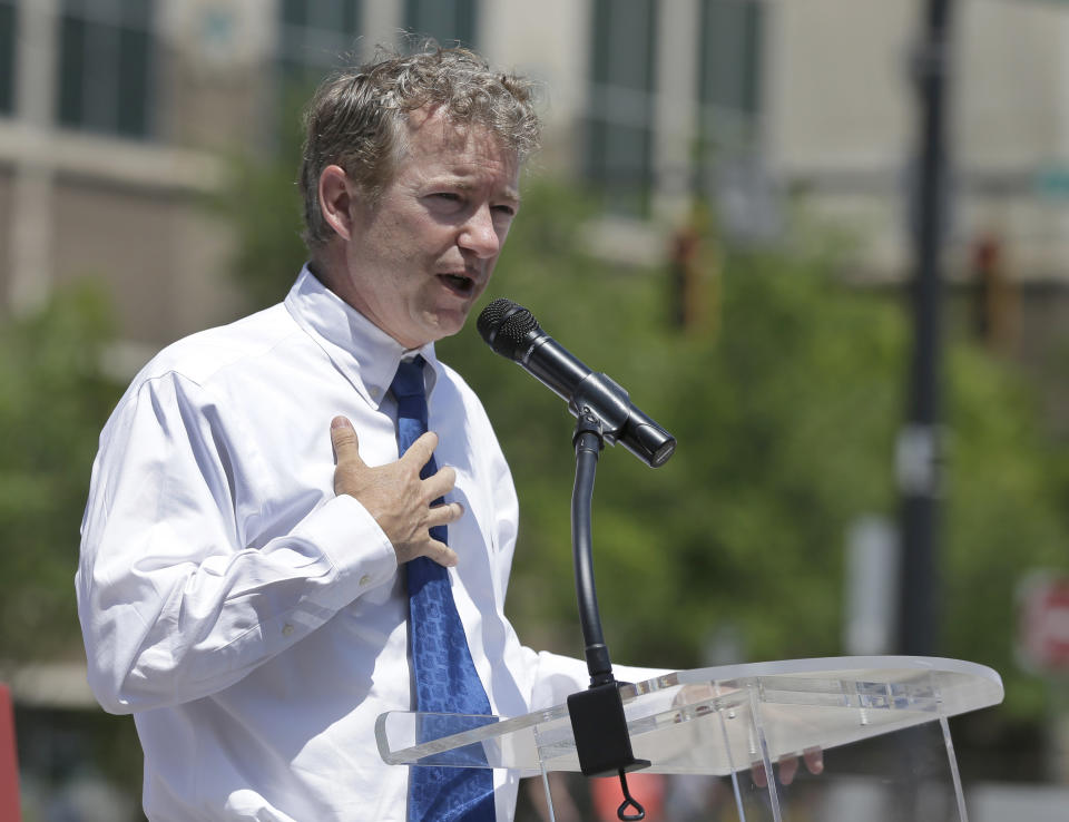 Sen Rand Paul (R-Ky) speaks at a campaign event for North Carolina Republican Senate hopeful Greg Brannon in Charlotte, N.C., Monday, May 5, 2014. The struggle for control of the Republican Party gets an early voter test in North Carolina, where GOP leaders Mitt Romney and Rand Paul push candidates competing for the right challenge Democratic Sen. Kay Hagan in the November midterm elections. (AP Photo/Chuck Burton)