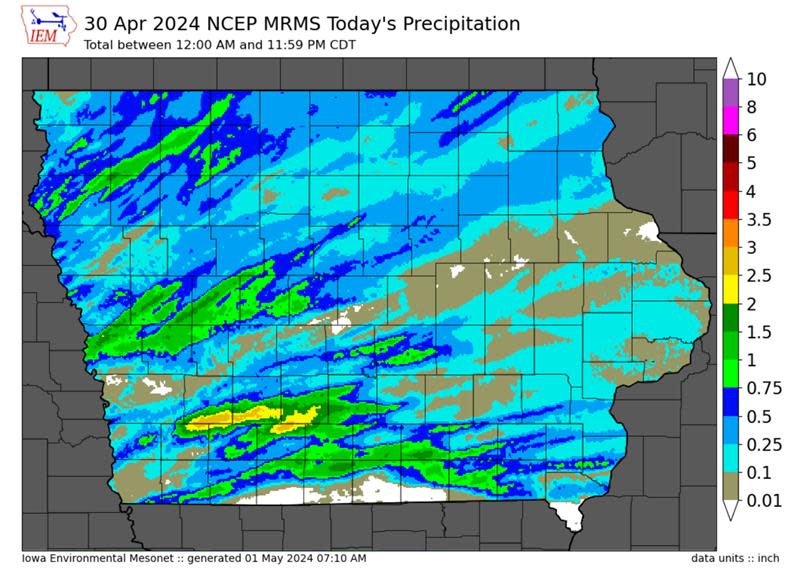 Precipitation totals in Iowa for Tuesday, April 30.