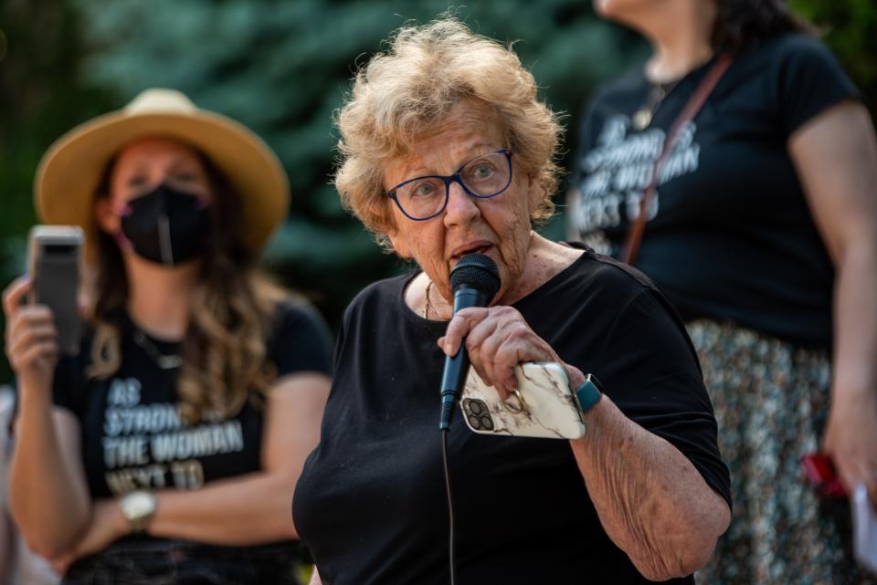 Former New Jersey Senator Loretta Weinberg speaks during the Rally for Reproductive Freedom on the Teaneck Municipal Green. The abortion-rights rally is held on Friday June 24, 2022. 