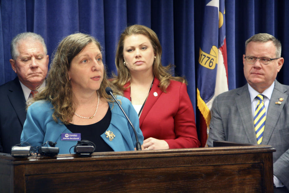 Greensboro Jewish Federation CEO Glenda Bernhardt voices her support for the SHALOM Act at a press conference in the Legislative Building in Raleigh, N.C., on Wednesday, May 8, 2024. She cited a rise in antisemitic incidents as a principal reason why the legislation was needed. (AP Photo/Makiya Seminera)