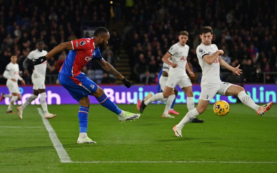 Crystal Palace's Ghanaian striker Jordan Ayew shoots but fails to score during the Premier League match between Crystal Palace and Tottenham Hotspur at Selhurst Park