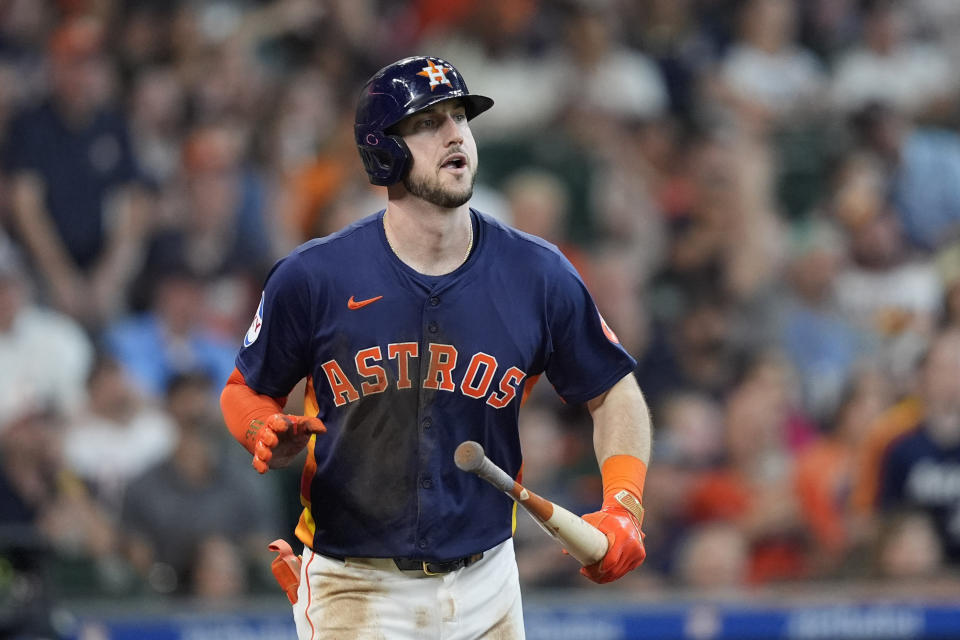Houston Astros' Kyle Tucker watches his home run against the Minnesota Twins during the third inning of a baseball game Saturday, June 1, 2024, in Houston. (AP Photo/David J. Phillip)
