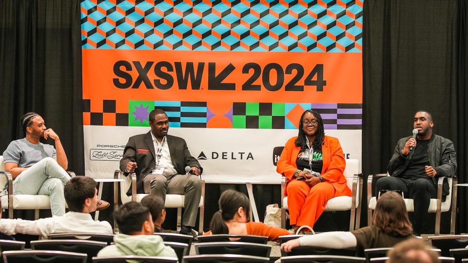 From left, Ogden Payne, Rohan Thompson, Sylnovia Holt-Rabb and Philip Payne speak at Tuesday's SXSW panel on fostering a music business program.