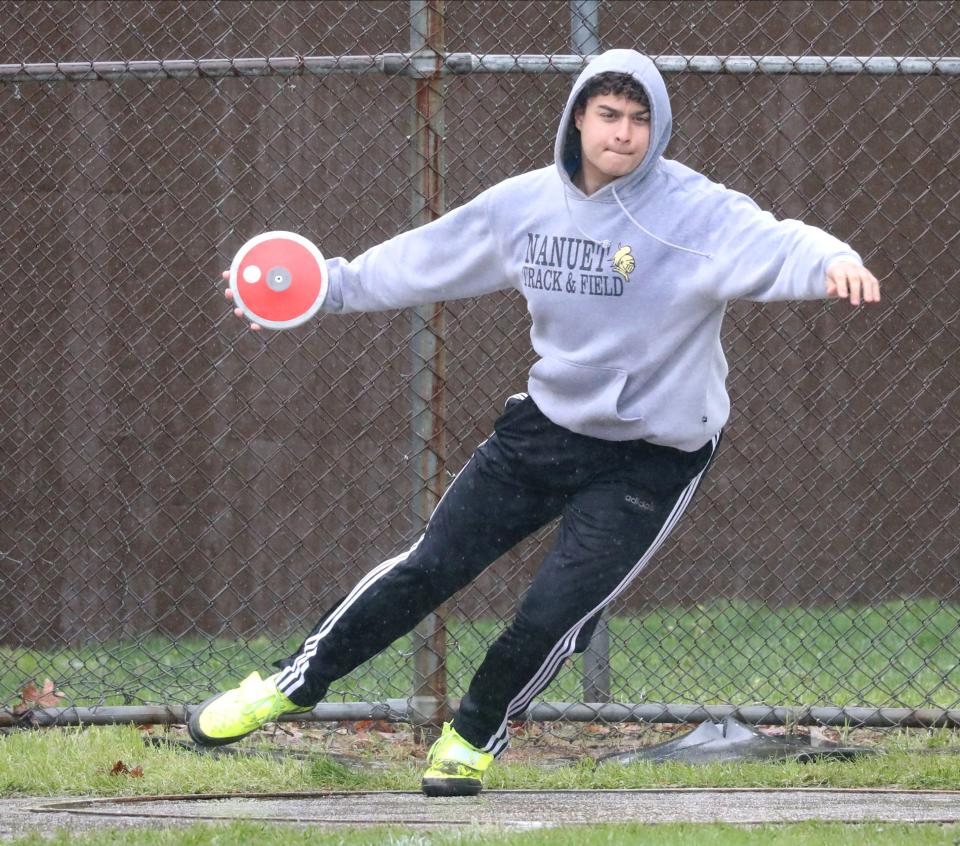 Nanuet's Shane O'Neill competes in boys discus April 29, 2023 during the Gold Rush Invitational Track & Field meet at Clarkstown South High School in West Nyack. O'Neill won the event.