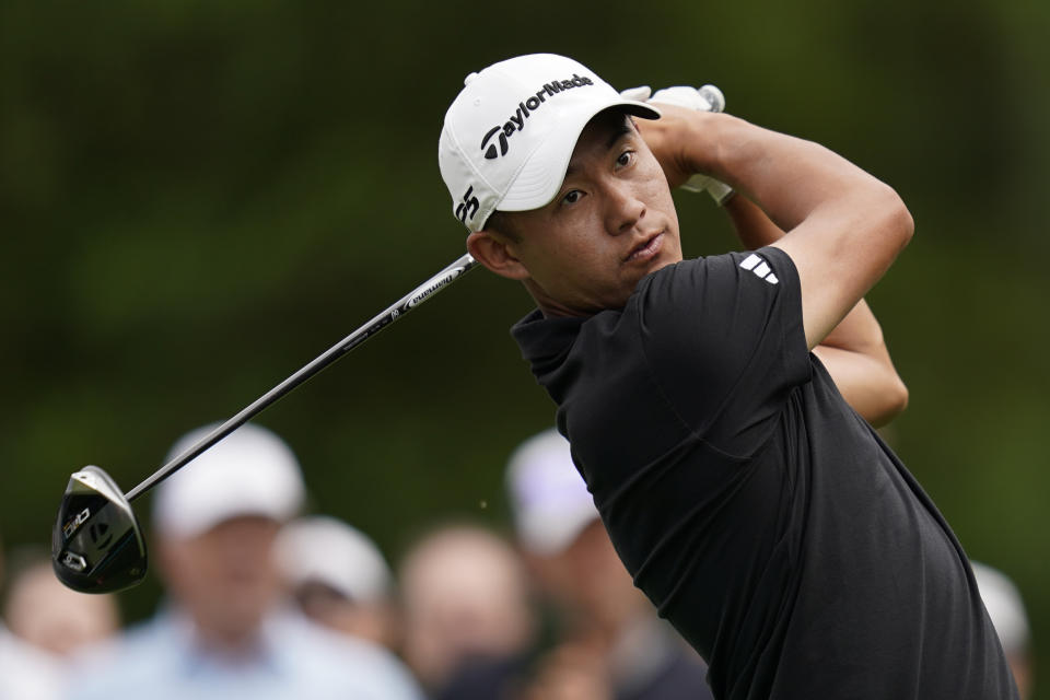 Collin Morikawa watches his tee shot on the third hole during the first round of the Wells Fargo Championship golf tournament at the Quail Hollow Club, Thursday, May 9, 2024, in Charlotte, N.C. (AP Photo/Erik Verduzco)