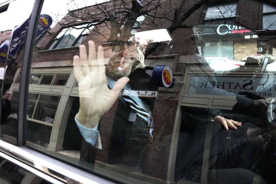 Chicago mayoral candidate Paul Valls waves to voters as he departs a campaign stop at the Ann Sather restaurant in Chicago, Saturday, Feb. 25, 2023. Vallas, who has run as the law-and-order candidate, with support from the city's police union and promises to put hundreds more officers on the streets is hoping to unseat Chicago Mayor Lori Lightfoot and make her the city's first one-term mayor in decades. (AP Photo/Nam Y. Huh)