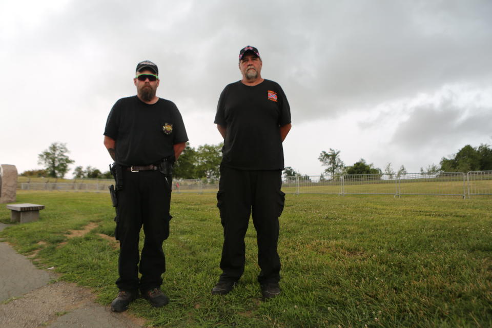 Billy Snuffer (right),&nbsp;the Imperial Wizard for the Rebel Brigade of the Knights of the Ku Klux Klan, stands on the Gettysburg battlefield with another Klan member.