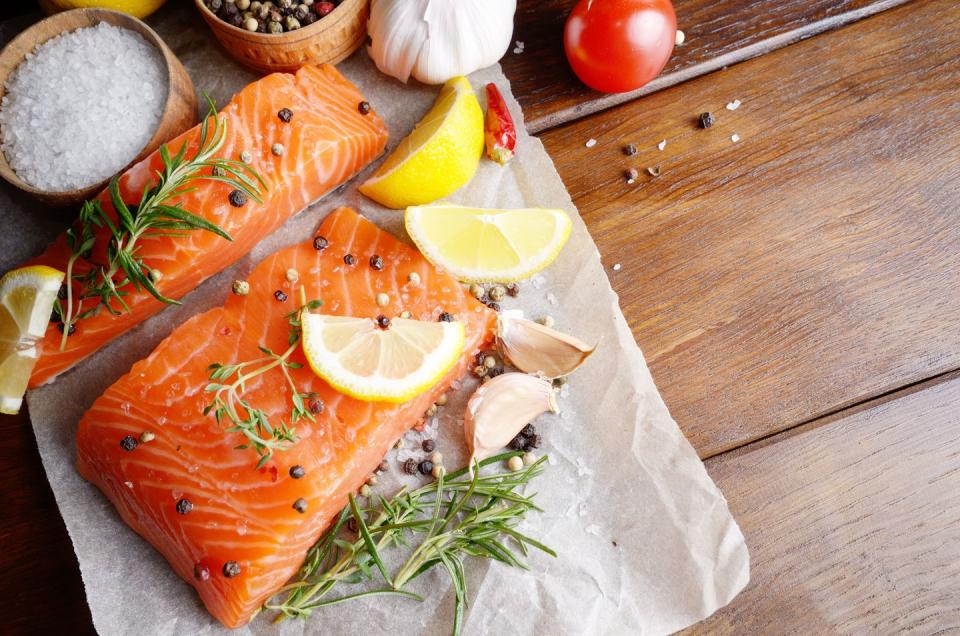 <p>Salmon is a rich <a href="https://www.prevention.com/food-nutrition/a20437976/foods-high-in-vitamin-d/" rel="nofollow noopener" target="_blank" data-ylk="slk:source of vitamin D;elm:context_link;itc:0;sec:content-canvas" class="link ">source of vitamin D</a> and one of the best sources of omega-3s fatty acids you can find. These essential fatty acids have a wide range of impressive health benefits—from preventing heart disease to smoothing your skin and aiding weight loss to boosting your mood. Unfortunately, many women aren’t reaping these perks because they're deficient. Omega-3s also slow the rate of digestion, which makes you feel fuller longer, so you eat fewer calories throughout the day.</p><p><strong>Try it: </strong><a href="https://www.prevention.com/food-nutrition/recipes/a23087868/honey-spiced-salmon-recipe/" rel="nofollow noopener" target="_blank" data-ylk="slk:Honey-Spiced Salmon with Quinoa;elm:context_link;itc:0;sec:content-canvas" class="link ">Honey-Spiced Salmon with Quinoa</a><strong><br></strong></p>