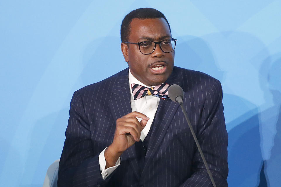 FILE - In this Sept. 23, 2019 file photo, African Development Bank President Akinwumi Adesina, the winner of the 2017 World Food Prize, speaks at U.N. headquarters. A group of 24 scientists, economists, researchers and other past winners of the World Food Prize, including Adesina, sent a letter Tuesday, Feb. 23, 2021, to President Joe Biden asking him to focus on alleviating global hunger, poverty and malnutrition. The World Food Prize Foundation released the letter that describes United States involvement in battling global hunger as foundational. (AP Photo/Jason DeCrow, File)