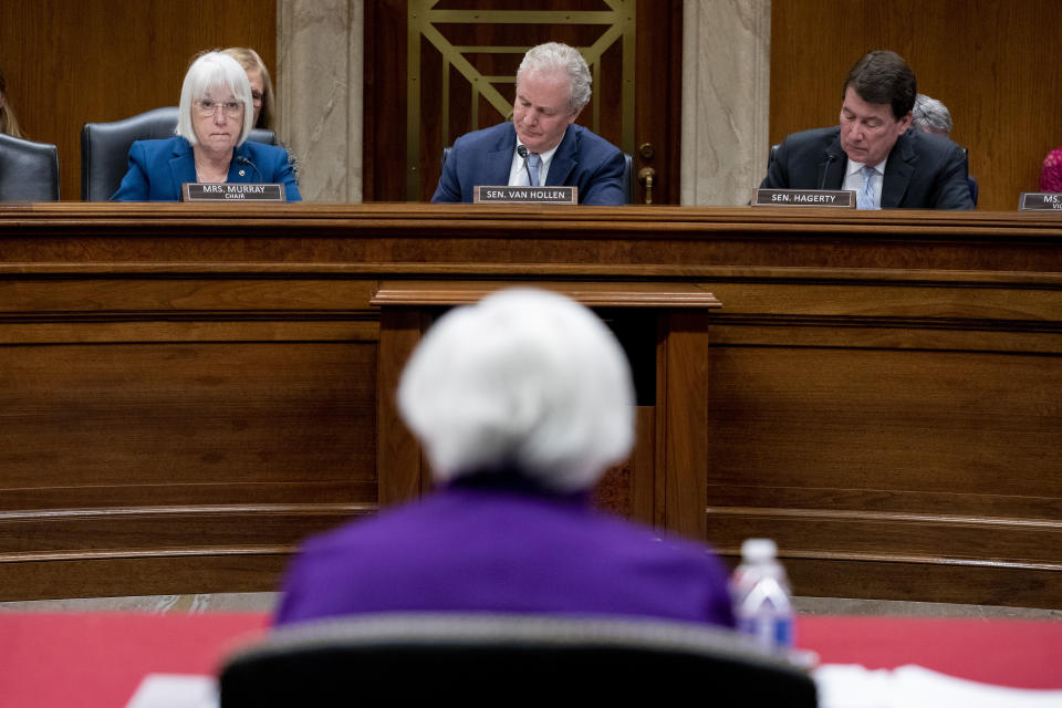 FILE - From left, Sen. Patty Murray, D-Wash., Sen. Chris Van Hollen, D-Md., and Sen. Bill Hagerty, R-Tenn., ask Treasury secretary Janet Yellen questions during a senate appropriations subcommittee on financial services and general government hearing to examine proposed budget estimates and justification for the 2024 fiscal year at the Capitol in Washington, March 22, 2023. (AP Photo/Amanda Andrade-Rhoades, File)