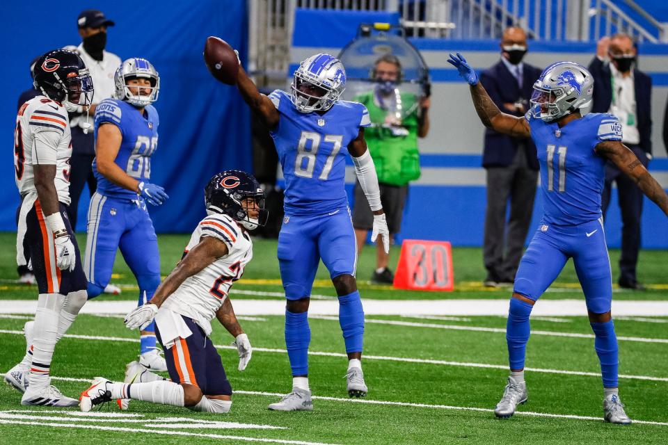 Detroit Lions receiver Quintez Cephus (87) celebrates a first down against the Chicago Bears during the second half at Ford Field, Sunday, Sept. 13, 2020.