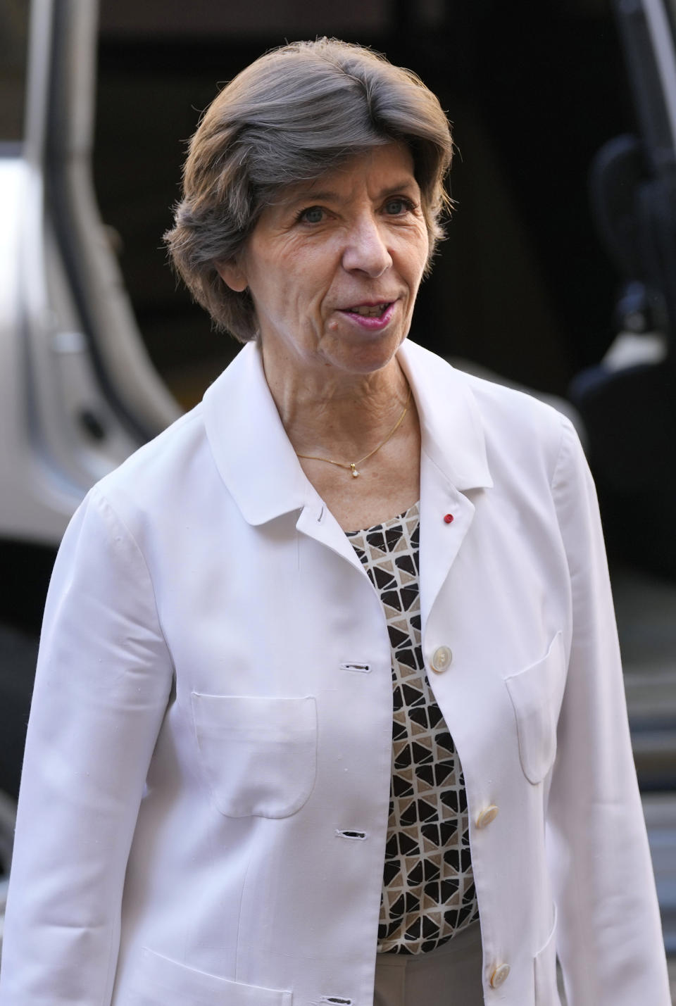 French Foreign Minister Catherine Colonna arrives at the government palace to meet with Lebanese Prime Minister Najib Mikati, in Beirut, Lebanon, Friday, Oct. 14, 2022. Colonna is in Beirut to meet with Lebanese officials. (AP Photo/Hussein Malla)