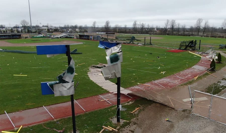 Olentangy Berlin athletic fields sustained extensive damage after violent storms ripped through Delaware and Logan Counties, March 14, 2024. (NBC4/Mark Feuerborn)