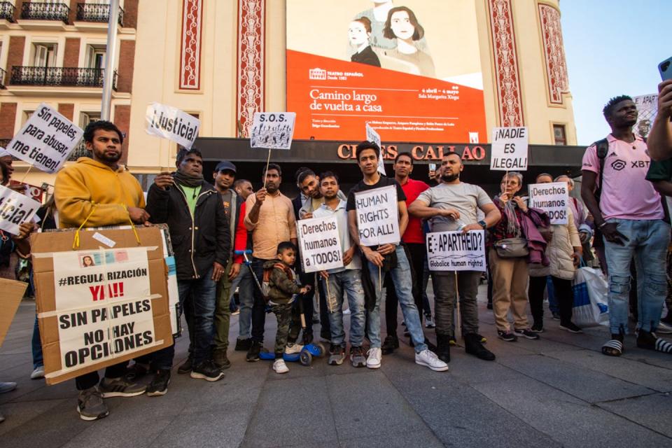 Activists and foreigners residing in Spain protest against the European Pact on Immigration and Political Asylum in the Plaza de Callao in Madrid on April 11, 2024. <a href="https://www.gettyimages.com/detail/news-photo/activists-and-foreigners-residing-in-spain-are-protesting-news-photo/2147734466?adppopup=true" rel="nofollow noopener" target="_blank" data-ylk="slk:Photo by Francesco Militello Mirto/NurPhoto via Getty Images;elm:context_link;itc:0;sec:content-canvas" class="link ">Photo by Francesco Militello Mirto/NurPhoto via Getty Images</a>