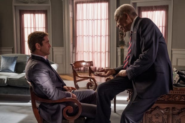 Gerard Butler and Morgan Freeman in "Angel Has Fallen"<p>Lionsgate</p>