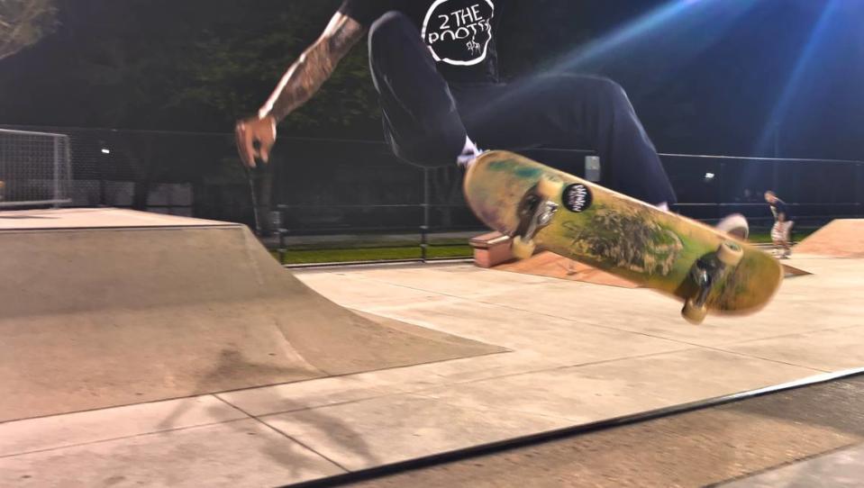 Lopez catching air on a “Meatless Monday” at North Trail Skate Park, in his 2 The Rootss uniform.