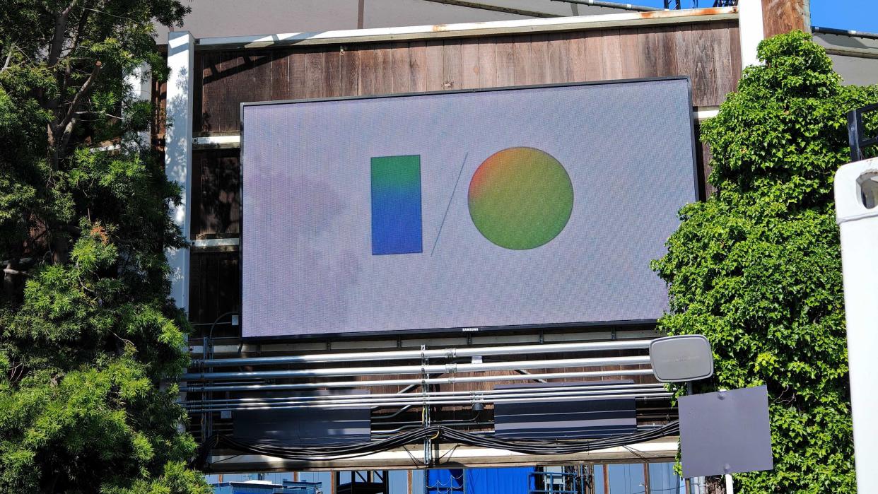  An electronic billboard showing the Google I/O label. 