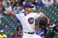 Chicago Cubs starting pitcher Zach Davies delivers during the first inning of the team's baseball game against the Cincinnati Reds on Wednesday, July 28, 2021, in Chicago. (AP Photo/Charles Rex Arbogast)