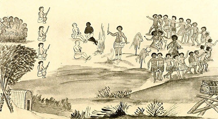 A drawing shows the capture of land speculator Christopher De Graffenried and surveyor John Lawson by the Tuscarora tribe in 1711.