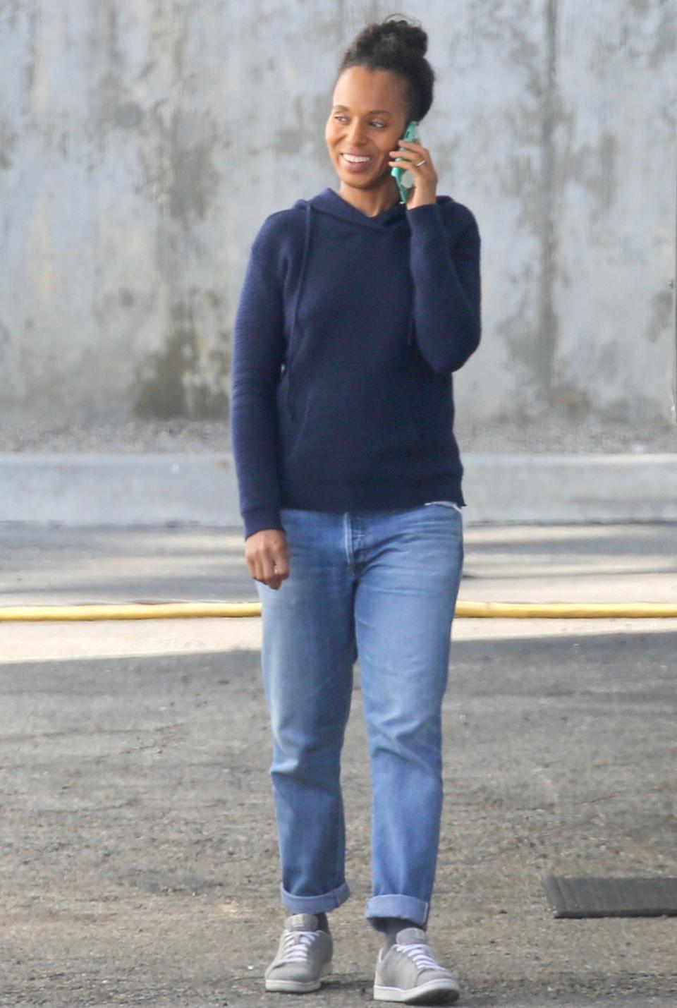 A casual Kerry Washington arrives to the set of <em>Little Fires Everywhere</em> in L.A. on Thursday.