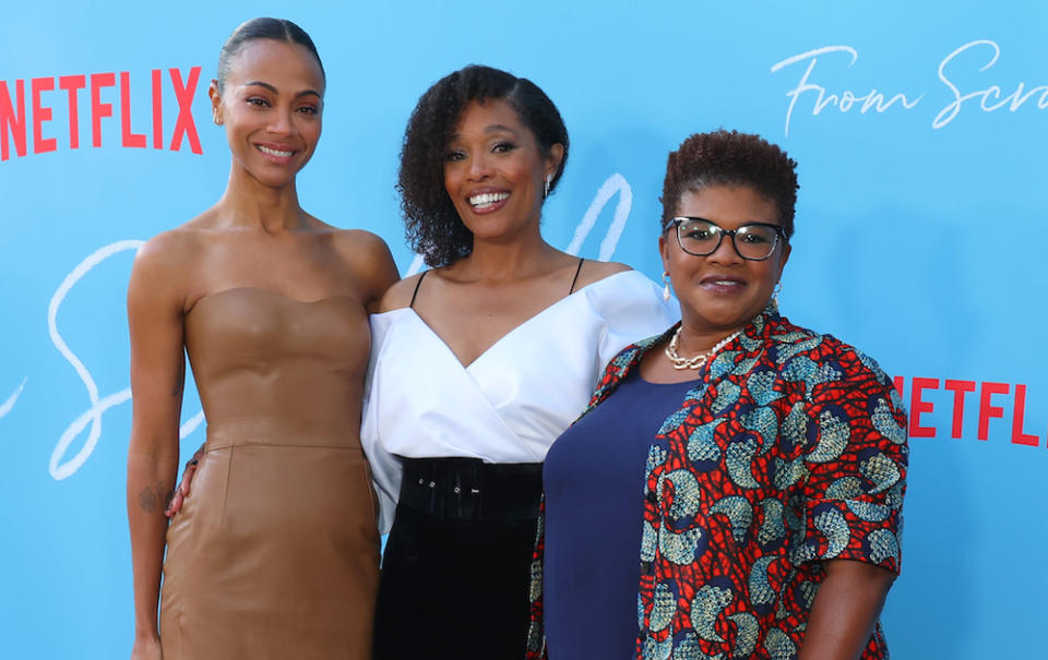 LOS ANGELES, CALIFORNIA - OCTOBER 17: (L-R) Zoe Saldaña, Tembi Locke and Attica Locke attend Netflix's From Scratch Special Screening at Netflix Tudum Theater on October 17, 2022 in Los Angeles, California. (Photo by Leon Bennett/Getty Images for Netflix)