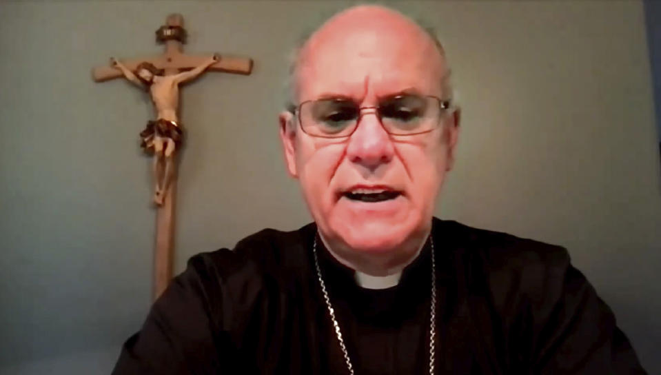 In this image taken from video, Bishop Kevin Rhoades of Fort Wayne-South Bend, Ind., discusses an agenda motion during U.S. Conference of Catholic Bishops' virtual assembly on Wednesday, June 16, 2021. (United States Conference of Catholic Bishops via AP)