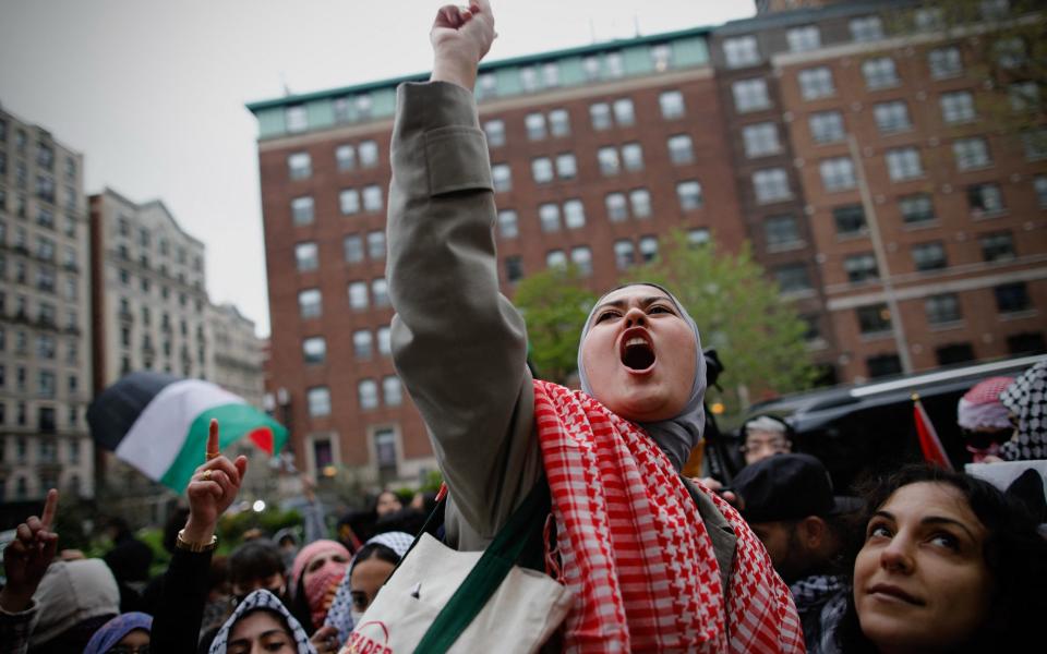 Pro-Palestinian protesters gather outside Columbia University in New York City