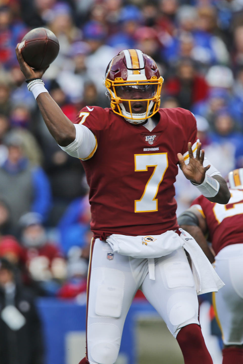 Washington Redskins quarterback Dwayne Haskins (7) throws during the first half of an NFL football game against the Buffalo Bills, Sunday, Nov. 3, 2019, in Orchard Park, N.Y. (AP Photo/John Munson)