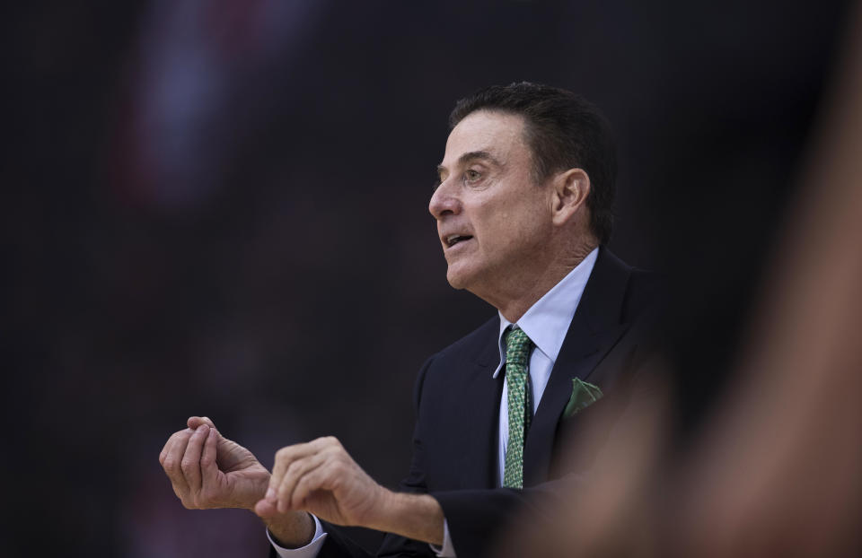 Panathinaikos coach Rick Pitino directs his players during a Euroleague basketball match between Panathinaikos and Olympiakos in Piraeus near Athens, on Friday, Jan. 4, 2019. (AP Photo/Petros Giannakouris)