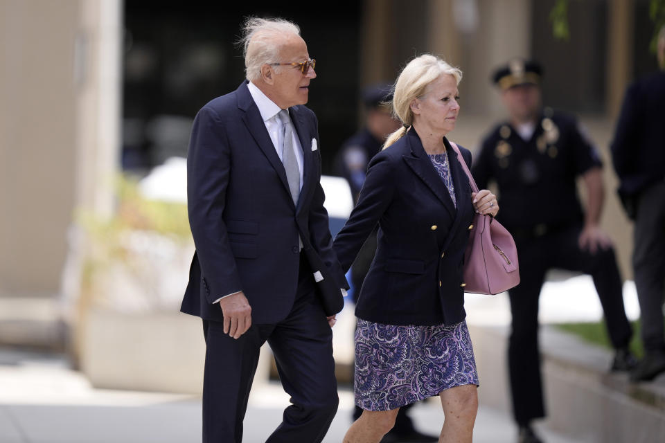 FILE - James Biden, President Joe Biden's brother and uncle to Hunter Biden, left, and Sara Biden arrive at federal court, June 7, 2024, in Wilmington, Del. The Biden family has gone to great lengths to support Hunter Biden as he stands trial for lying on a federal gun-purchase form when he said he didn't have a drug problem. (AP Photo/Matt Rourke)