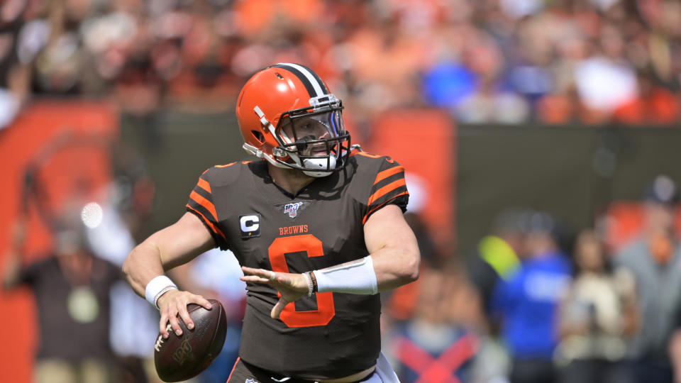 Cleveland Browns quarterback Baker Mayfield looks to throw during the first half in an NFL football game against the Tennessee Titans, Sunday, Sept. 8, 2019, in Cleveland. (AP Photo/David Richard)