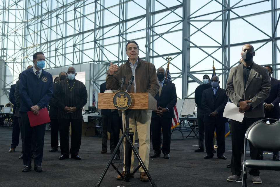 New York Gov. Andrew Cuomo speaks at a vaccination site on Monday, March 8, 2021, in New York. (AP Photo/Seth Wenig, Pool)