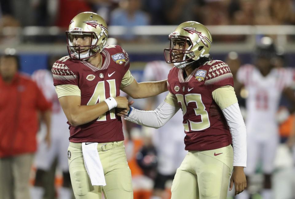 Ricky Aguayo (R) reacts after making a field goal against the Mississippi Rebels during the Camping World Kickoff in 2016. (Getty Images)