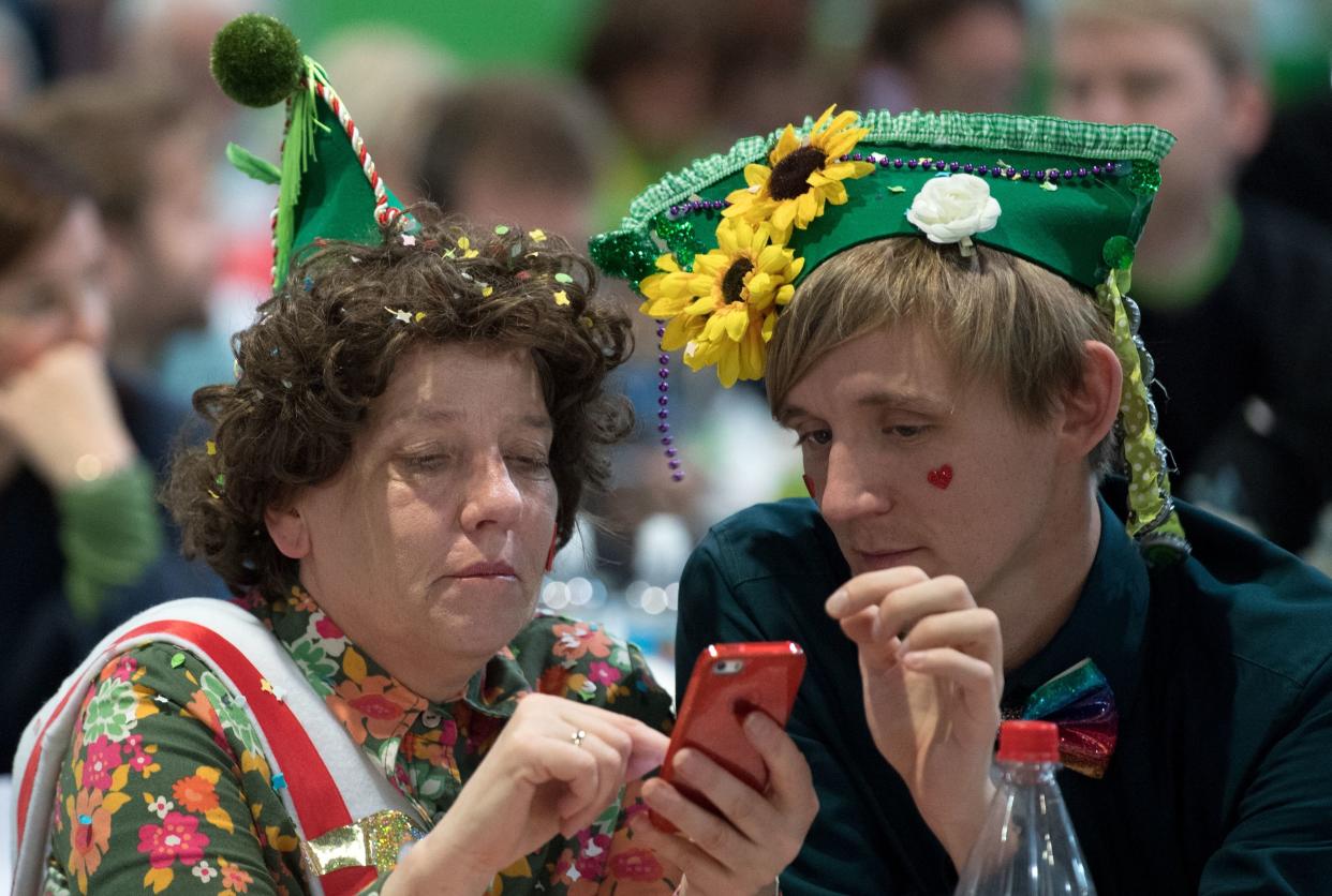 Delegates&nbsp;dressed as carnival revelers at the Green Party congress in Leipzig, Germany, Nov. 11. The Greens have recently&nbsp;risen in polling to become the country&rsquo;s second-most-popular party, overtaking the center-left Social Democrats. (Photo: HENDRIK SCHMIDT via Getty Images)