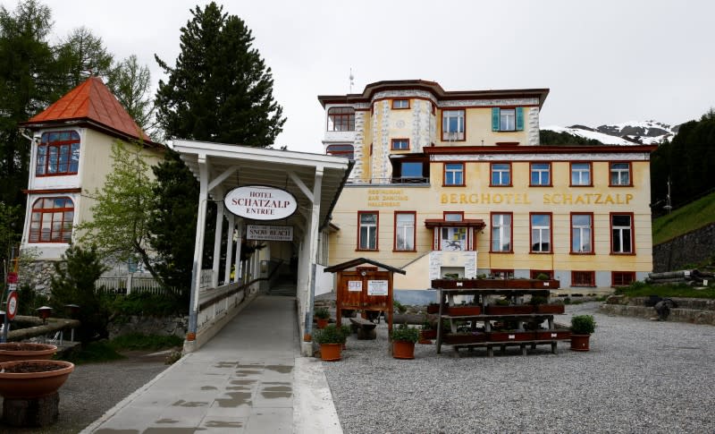 The entrance of the Hotel Schatzalp, a former lung sanatorium is seen in Davos